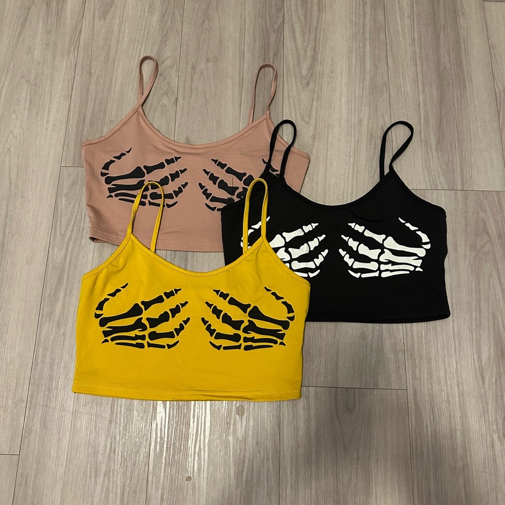 Skeleton Hand Print Crop Tops - Black, Yellow, Pink